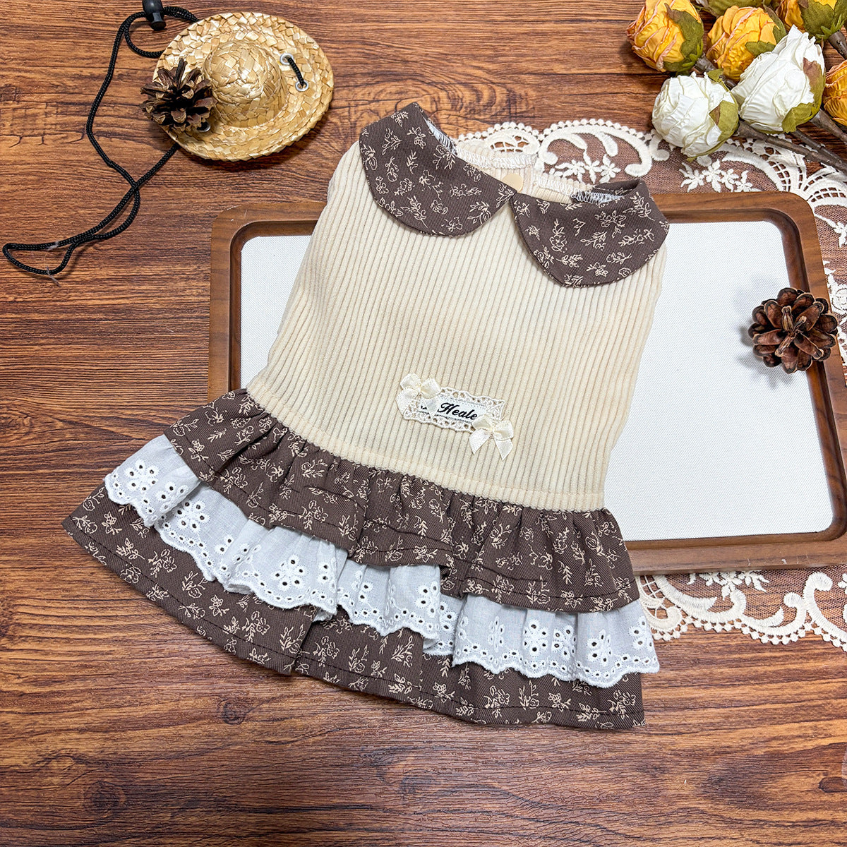 2026 fall/winter new collection: mélange floral pet dress - peter pan collar, lace trim, for small dogs and cats