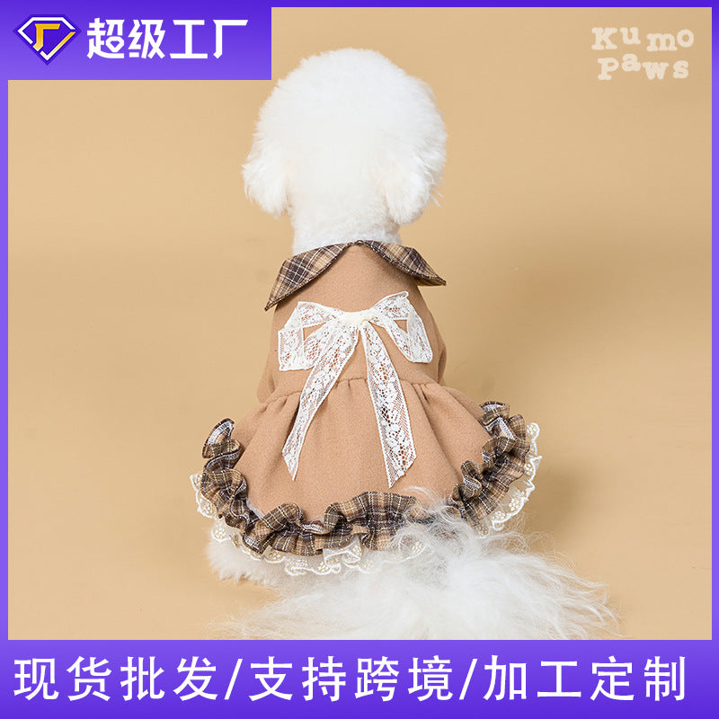 New arrival hit style small size dogs pet outweardress qianjin stylefall and winterthickenedheattechwoolenplaid skirt