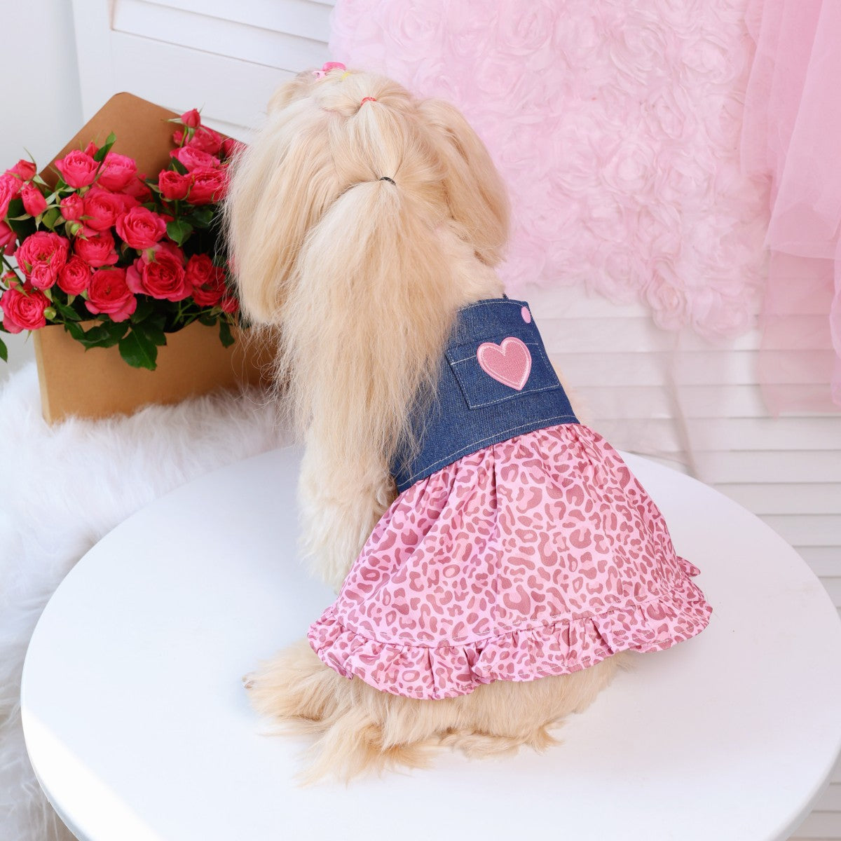 Valentine's day pet clothes small dog internet celebrity hot style heart decoration dog skirt pink leopard print pet dress