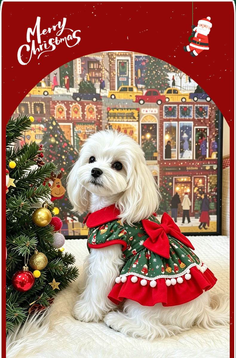 Pet christmas bow princess dress - snowman all-over print puff sleeve holiday outfit for small dogs and cats