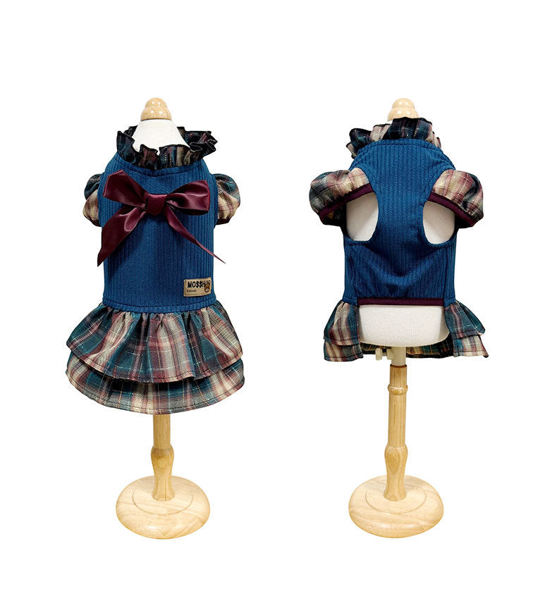 Source factory thickened heattech small dog cute preppy grids bow pet clothing fall and winter pet skirt