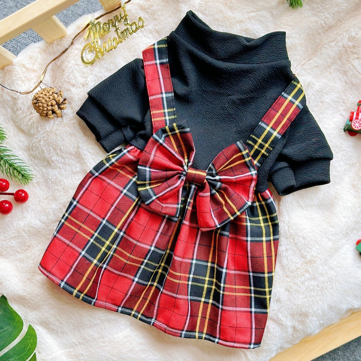 Christmas limited edition mock neck puff sleeve oversized bow suspender dress pet apparel dog clothes pet costume