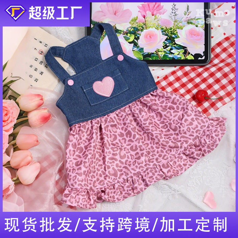 Valentine's day pet clothes small dog internet celebrity hot style heart decoration dog skirt pink leopard print pet dress