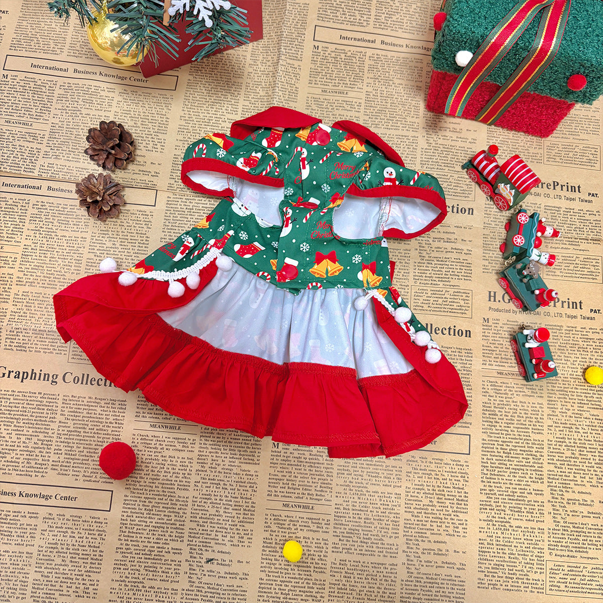 Pet christmas bow princess dress - snowman all-over print puff sleeve holiday outfit for small dogs and cats
