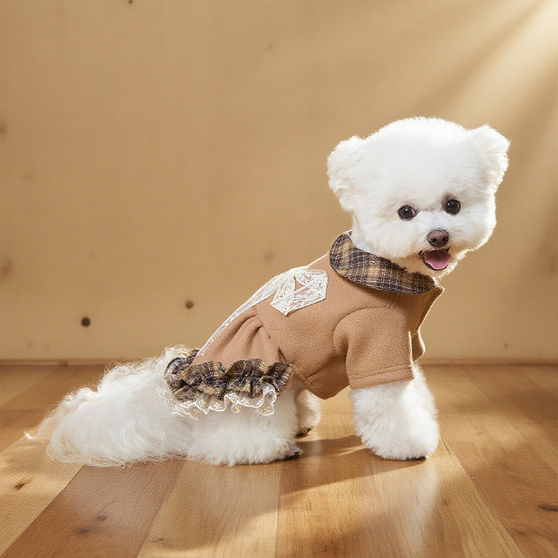 New arrival hit style small size dogs pet outweardress qianjin stylefall and winterthickenedheattechwoolenplaid skirt