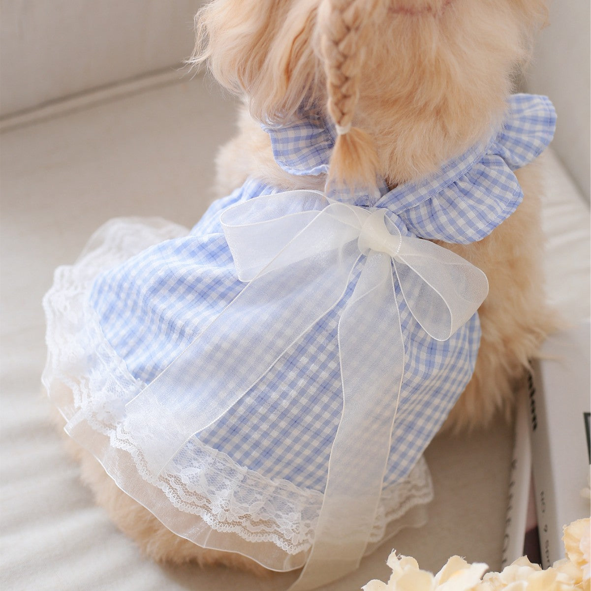 Cat and dog universal pet apparel - fairy bow, lace trim, plaid ribbon skirt - skin-friendly, comfortable, and suitable for all seasons