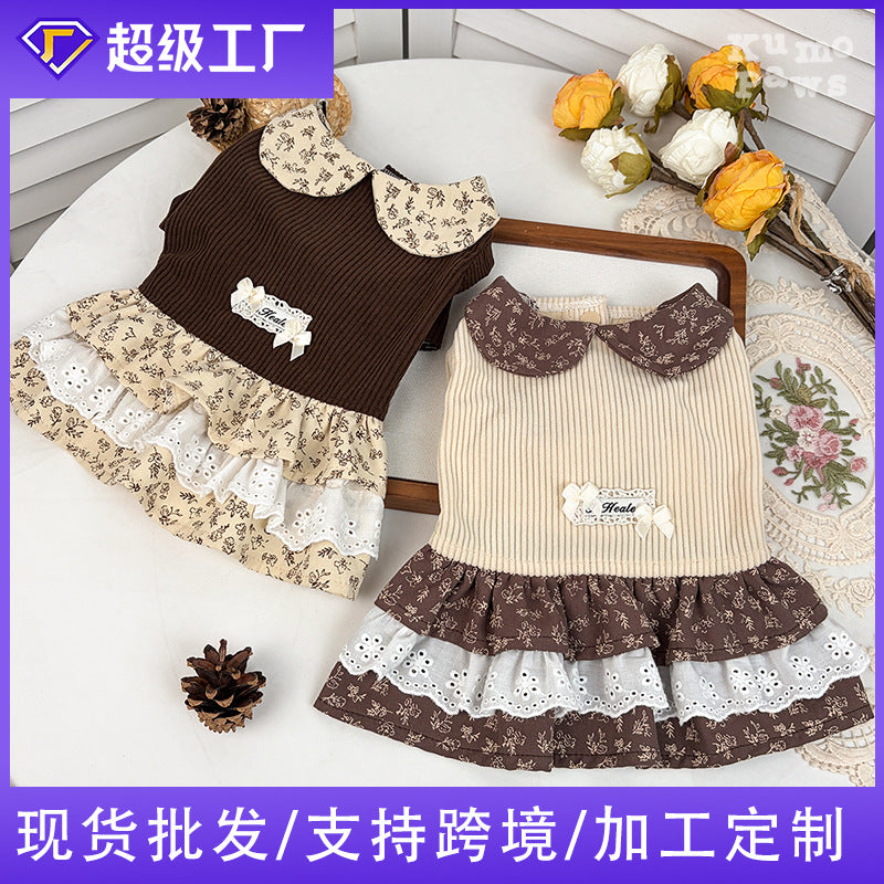 2026 fall/winter new collection: mélange floral pet dress - peter pan collar, lace trim, for small dogs and cats