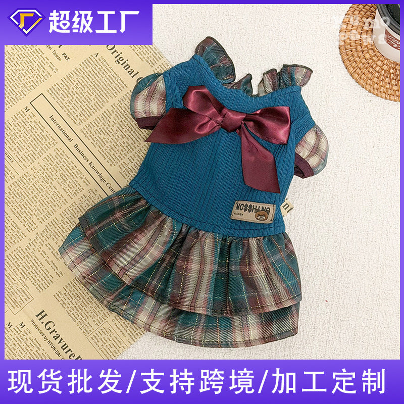 Source factory thickened heattech small dog cute preppy grids bow pet clothing fall and winter pet skirt