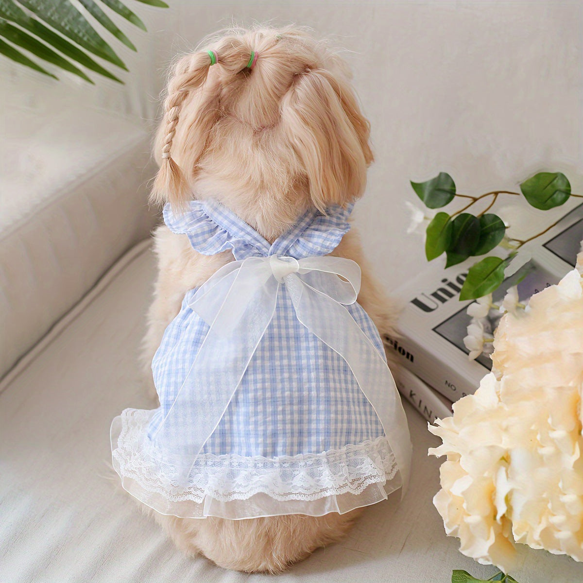 Cat and dog universal pet apparel - fairy bow, lace trim, plaid ribbon skirt - skin-friendly, comfortable, and suitable for all seasons