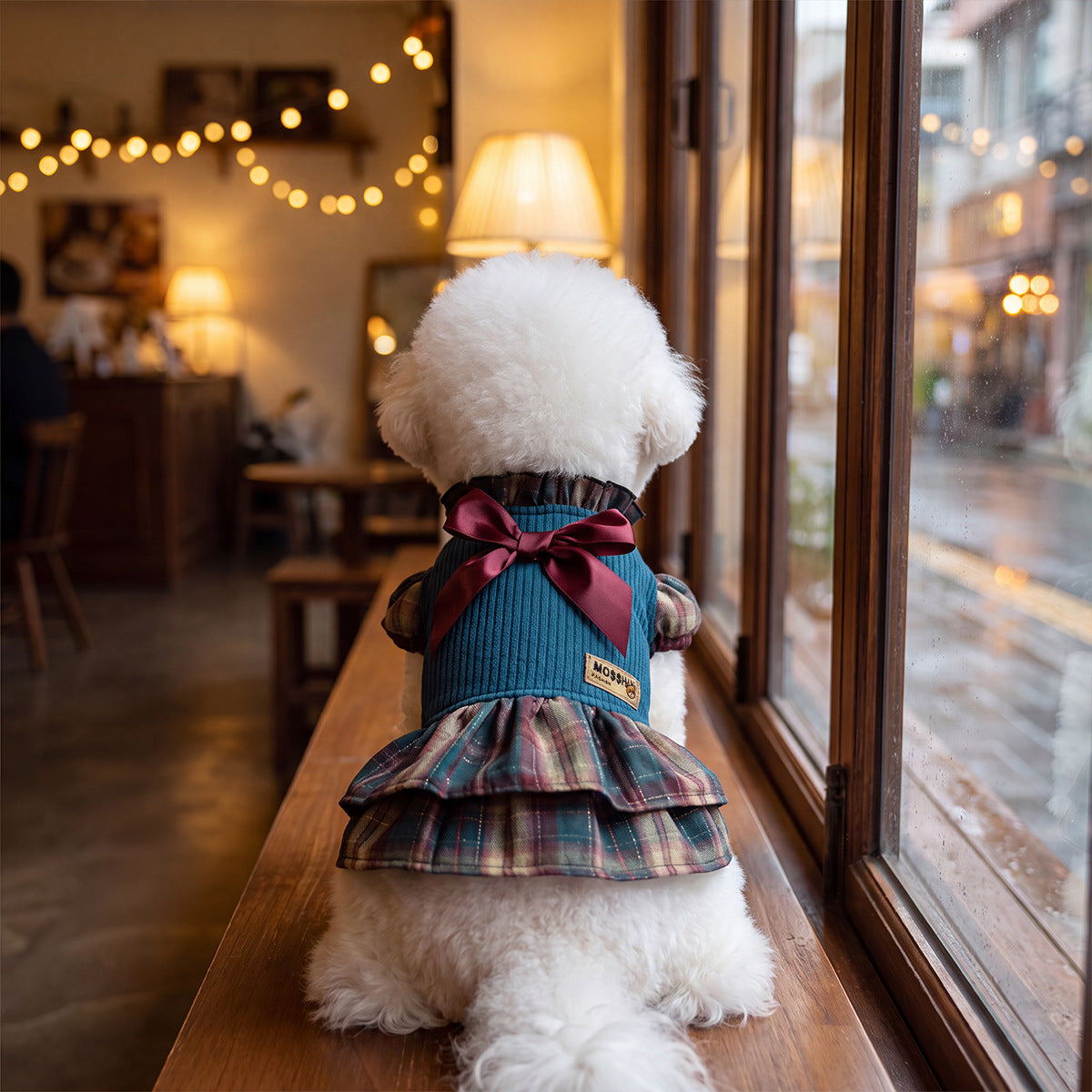 Source factory thickened heattech small dog cute preppy grids bow pet clothing fall and winter pet skirt