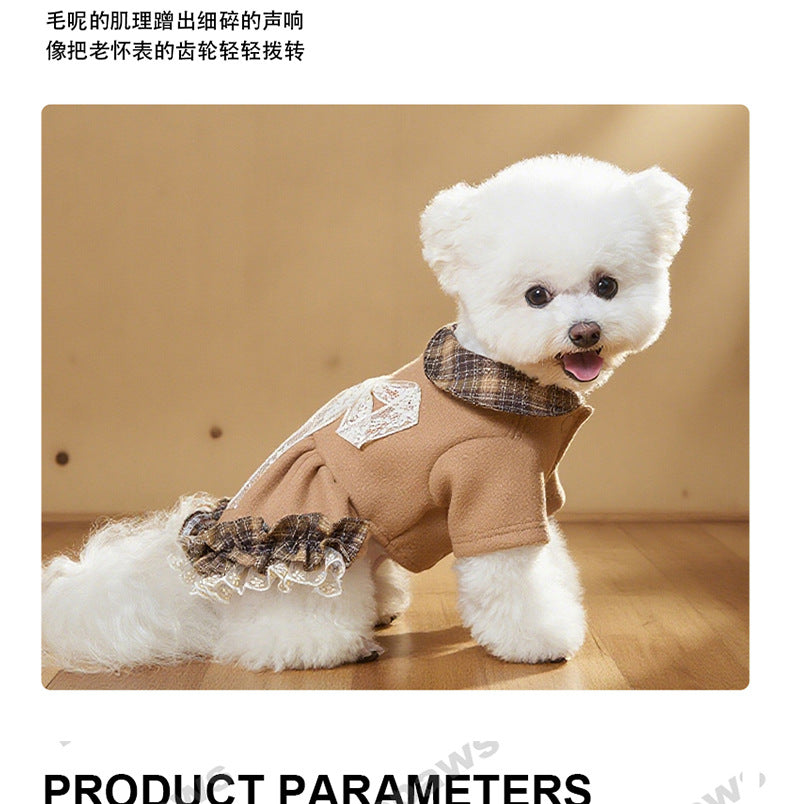 New arrival hit style small size dogs pet outweardress qianjin stylefall and winterthickenedheattechwoolenplaid skirt