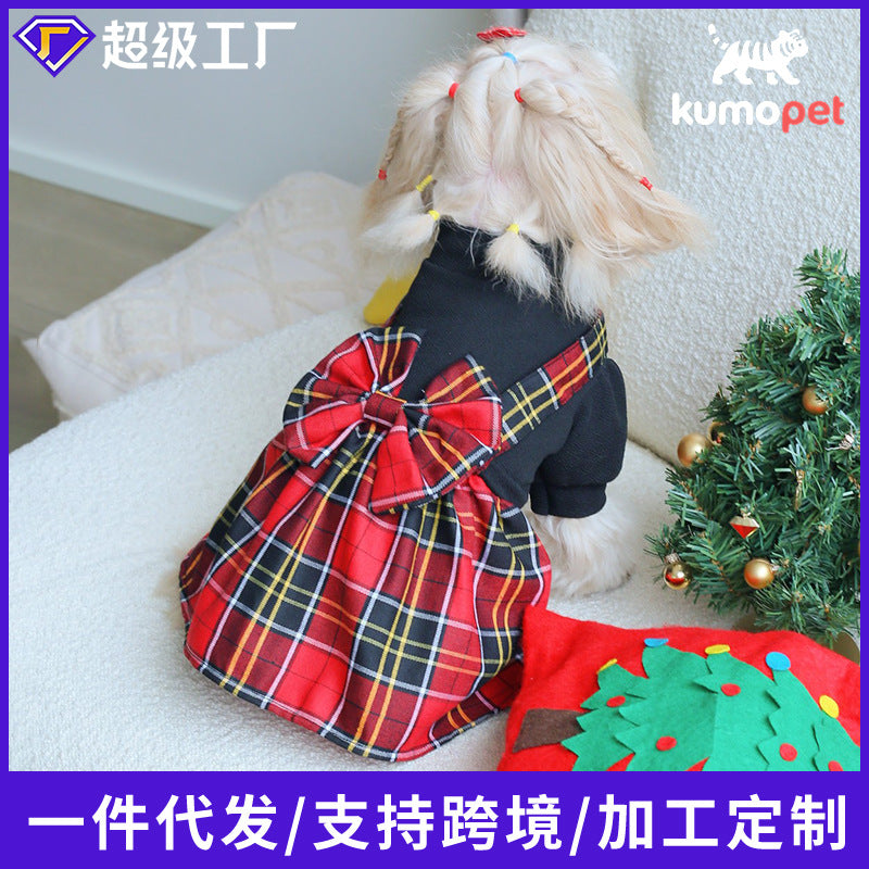Christmas limited edition mock neck puff sleeve oversized bow suspender dress pet apparel dog clothes pet costume