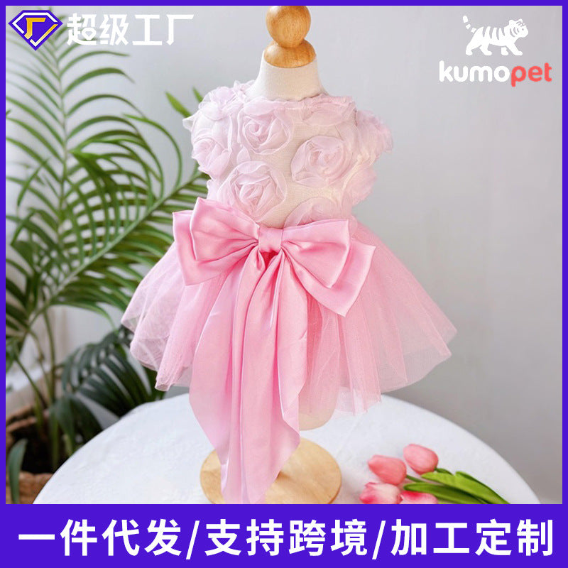 Cat and dog pink rose dress is suitable for spring and summer wear plaidcomfortable pet dog clothing skirt new arrival bichon frize