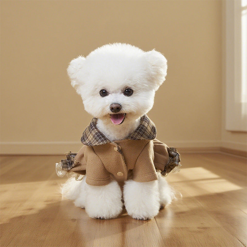 New arrival hit style small size dogs pet outweardress qianjin stylefall and winterthickenedheattechwoolenplaid skirt