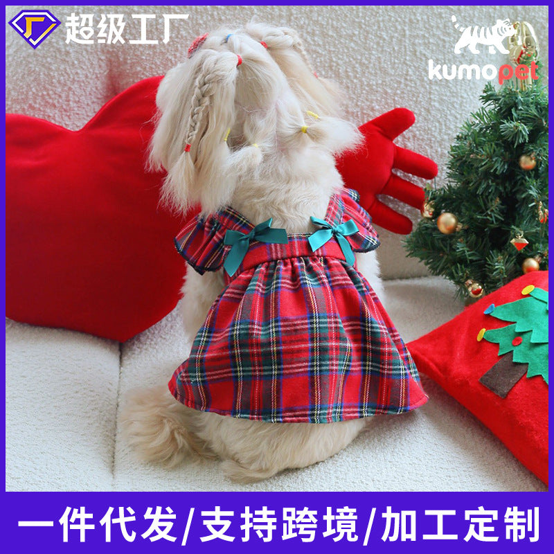 Source factory pet clothing cross-border pet christmas skirt suspender bowsplaid skirt small dog