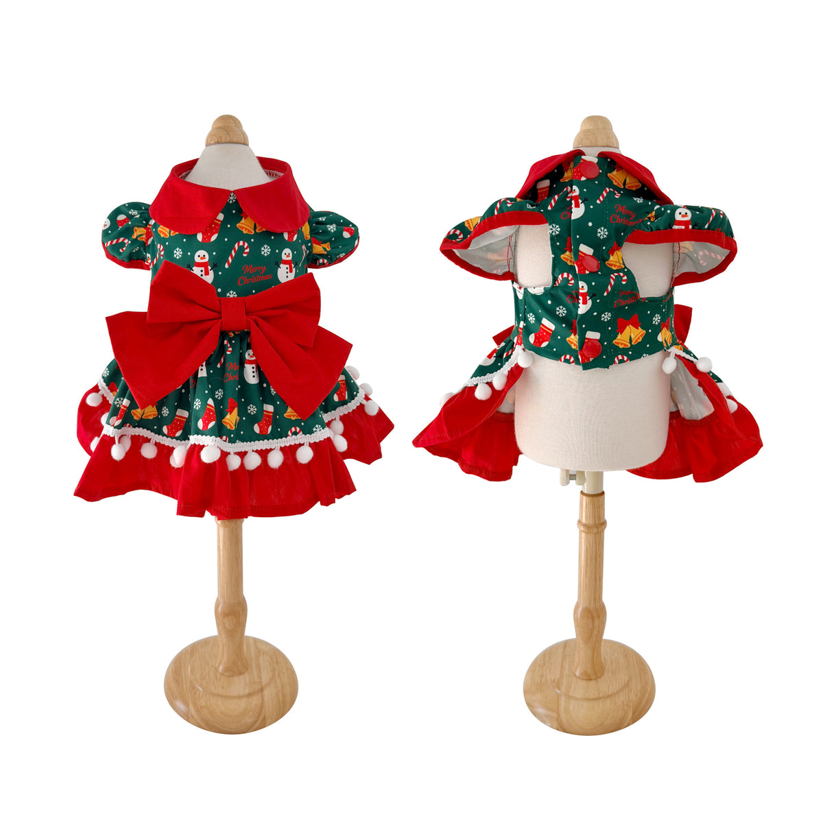 Pet christmas bow princess dress - snowman all-over print puff sleeve holiday outfit for small dogs and cats