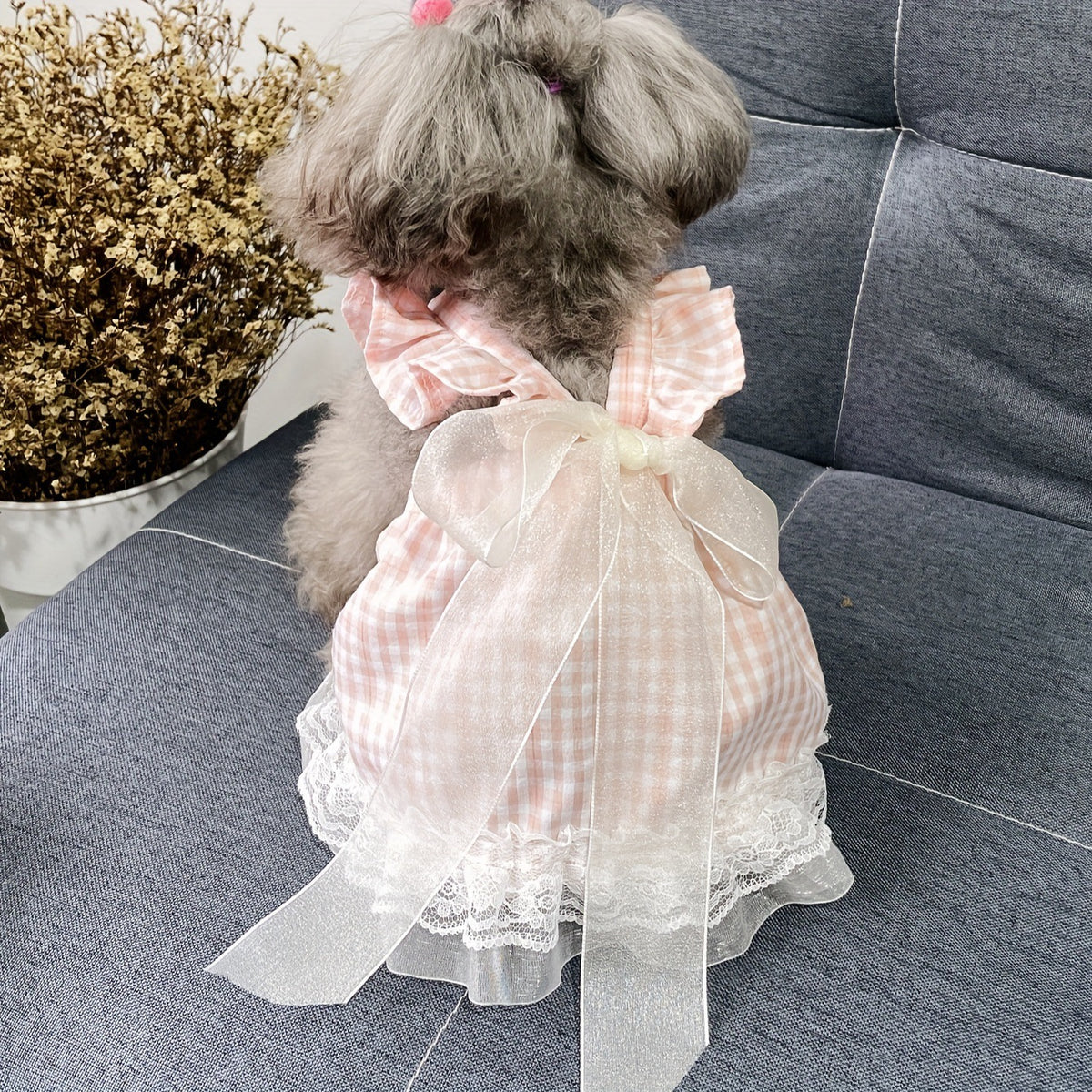 Cat and dog universal pet apparel - fairy bow, lace trim, plaid ribbon skirt - skin-friendly, comfortable, and suitable for all seasons