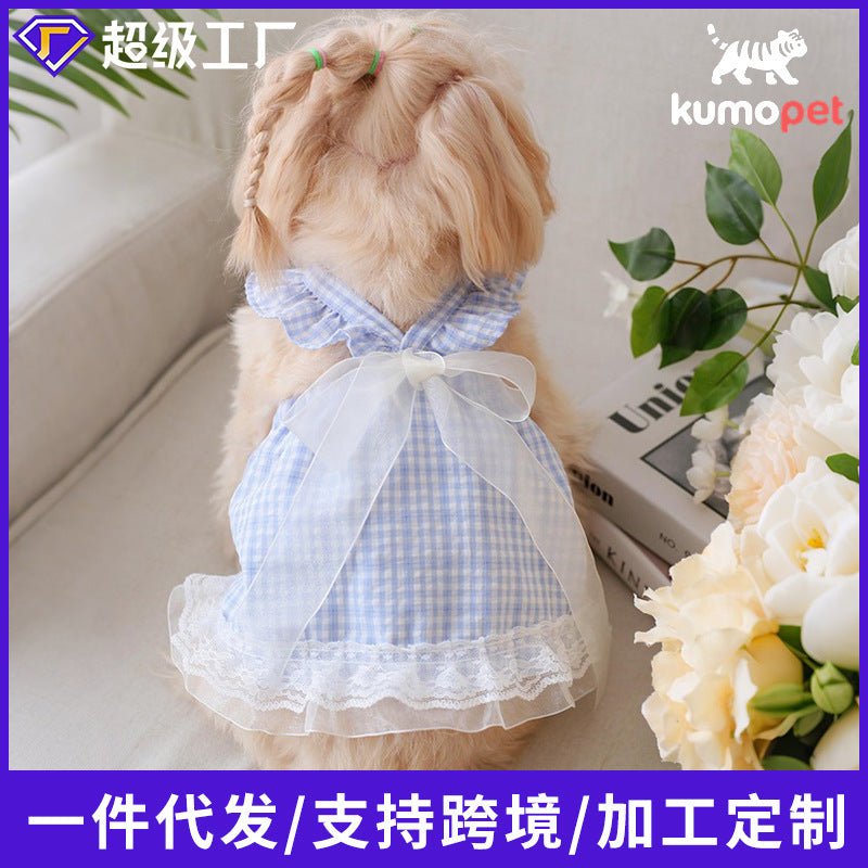 Cat and dog universal pet apparel - fairy bow, lace trim, plaid ribbon skirt - skin-friendly, comfortable, and suitable for all seasons