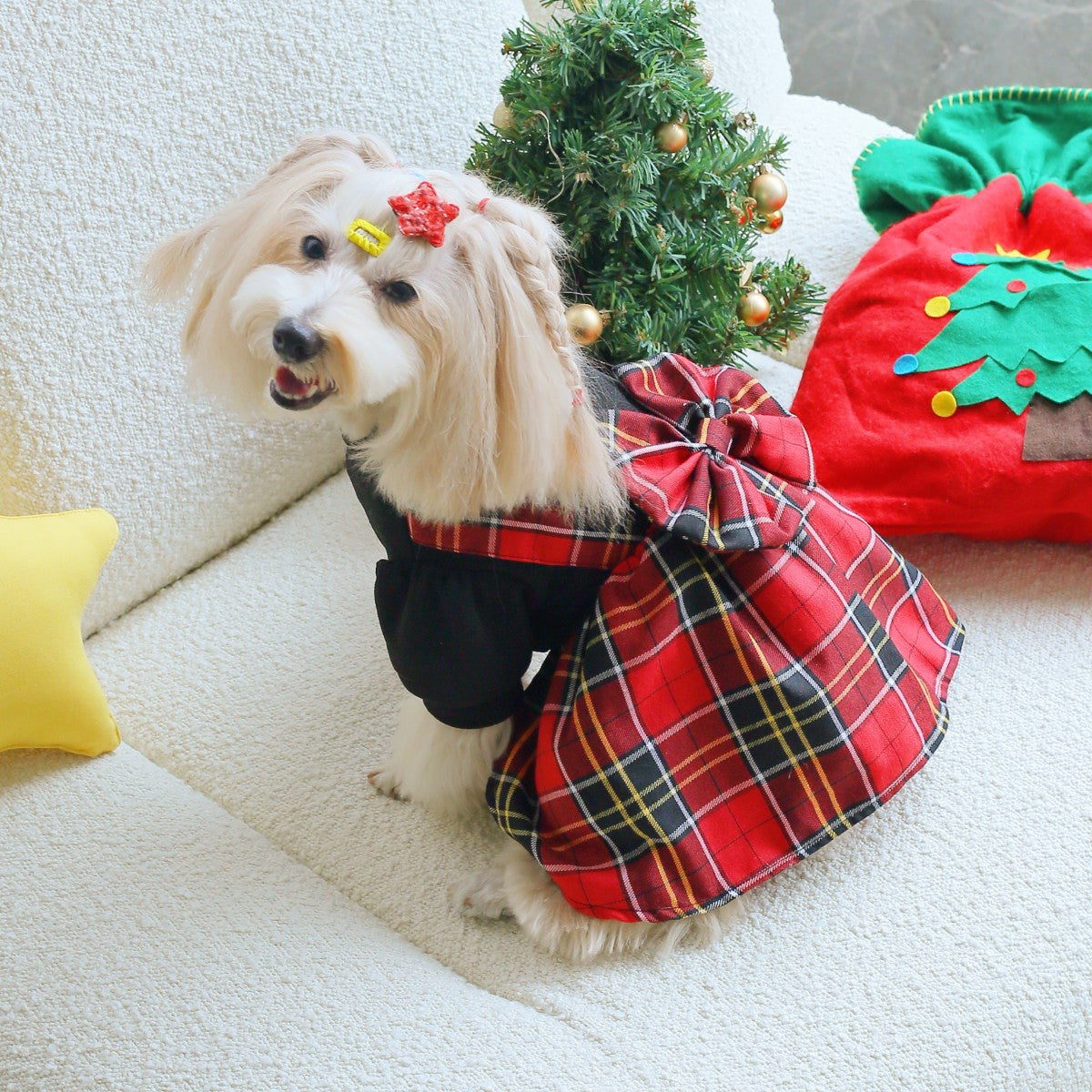 Christmas limited edition mock neck puff sleeve oversized bow suspender dress pet apparel dog clothes pet costume