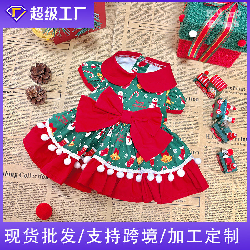 Pet christmas bow princess dress - snowman all-over print puff sleeve holiday outfit for small dogs and cats