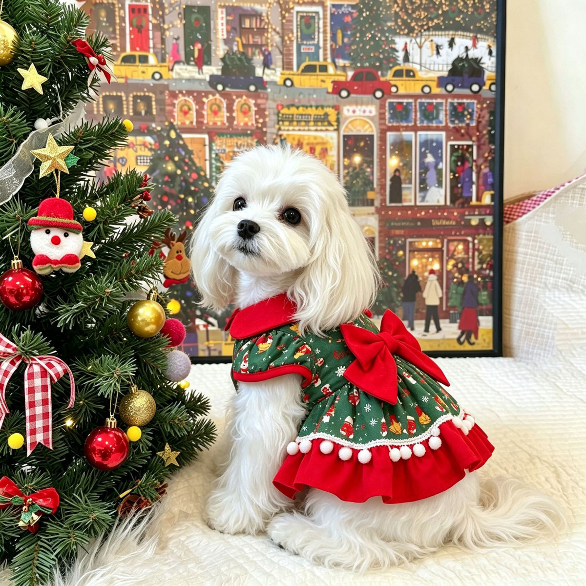 Pet christmas bow princess dress - snowman all-over print puff sleeve holiday outfit for small dogs and cats