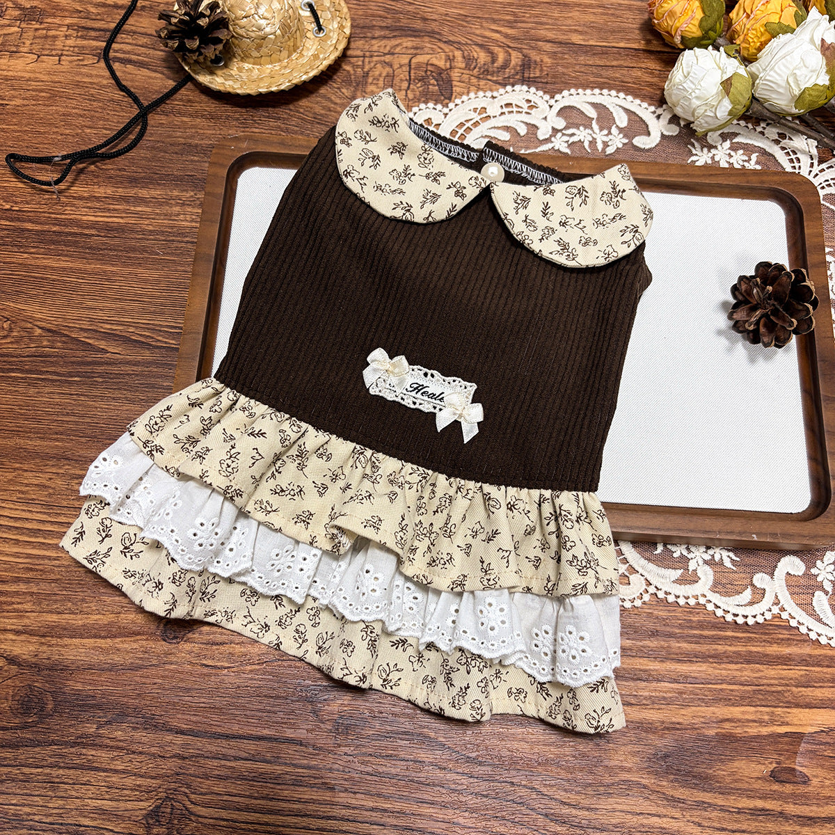 2026 fall/winter new collection: mélange floral pet dress - peter pan collar, lace trim, for small dogs and cats